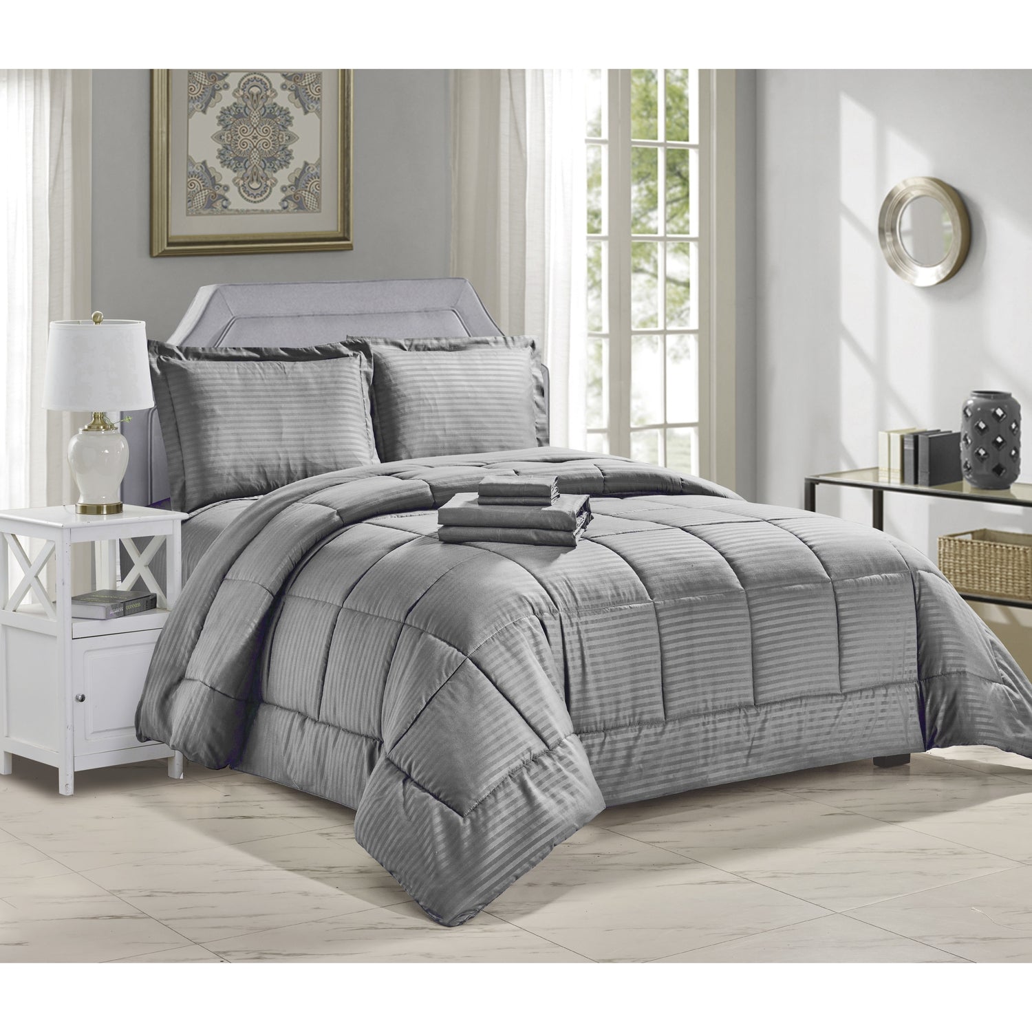 Plazatex Embossed Dobby Stripe 8 Pieces Comforter Bed In A Bag Set Gray