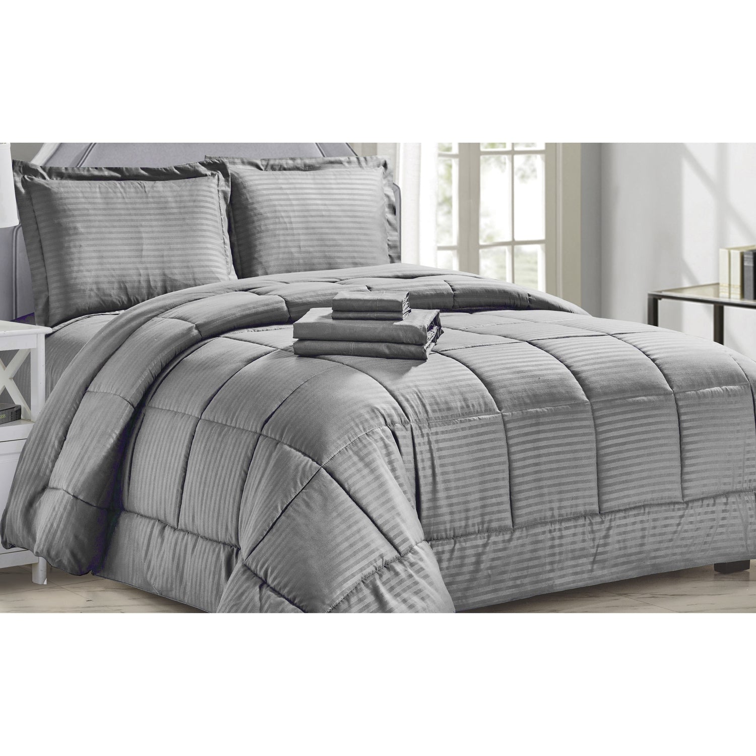 Plazatex Embossed Dobby Stripe 8 Pieces Comforter Bed In A Bag Set Gray