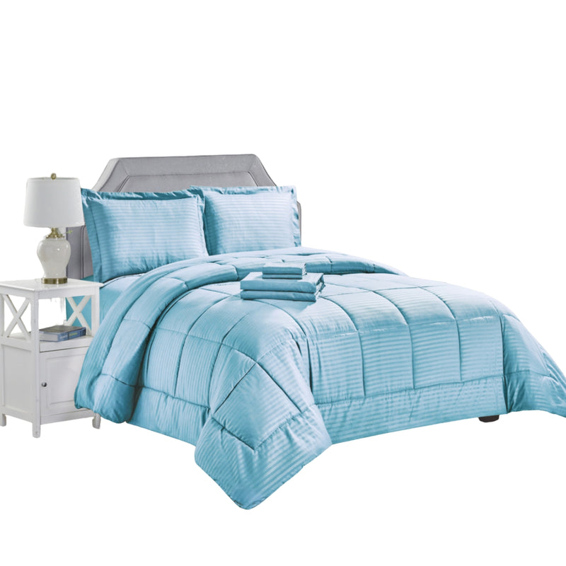Plazatex Embossed Dobby Stripe 8 Pieces Comforter Bed In A Bag Set Lt. Blue