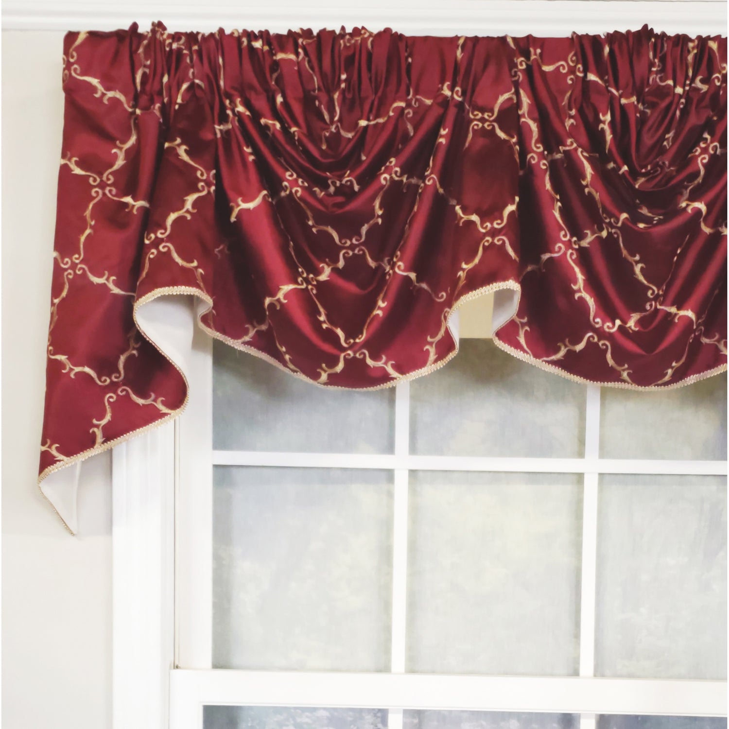 RLF Home 3" Rod Pocket High Quality Fabric Summit Diamond 2-Scoop Empire Valance With Trim for Windows 40" x 25" Wine