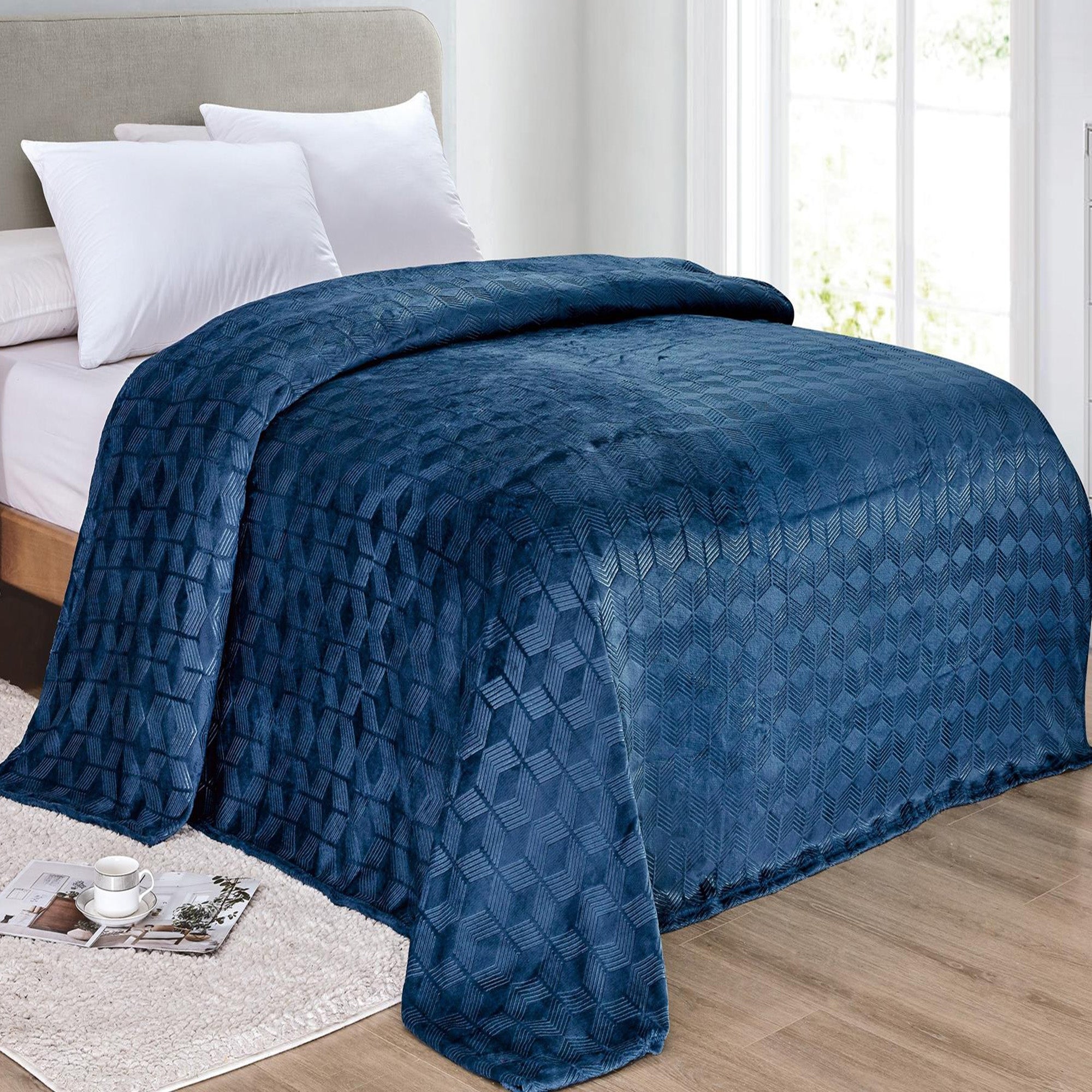 Amrani Bedcover Embossed Blanket Soft Premium Microplush Navy by Plazatex