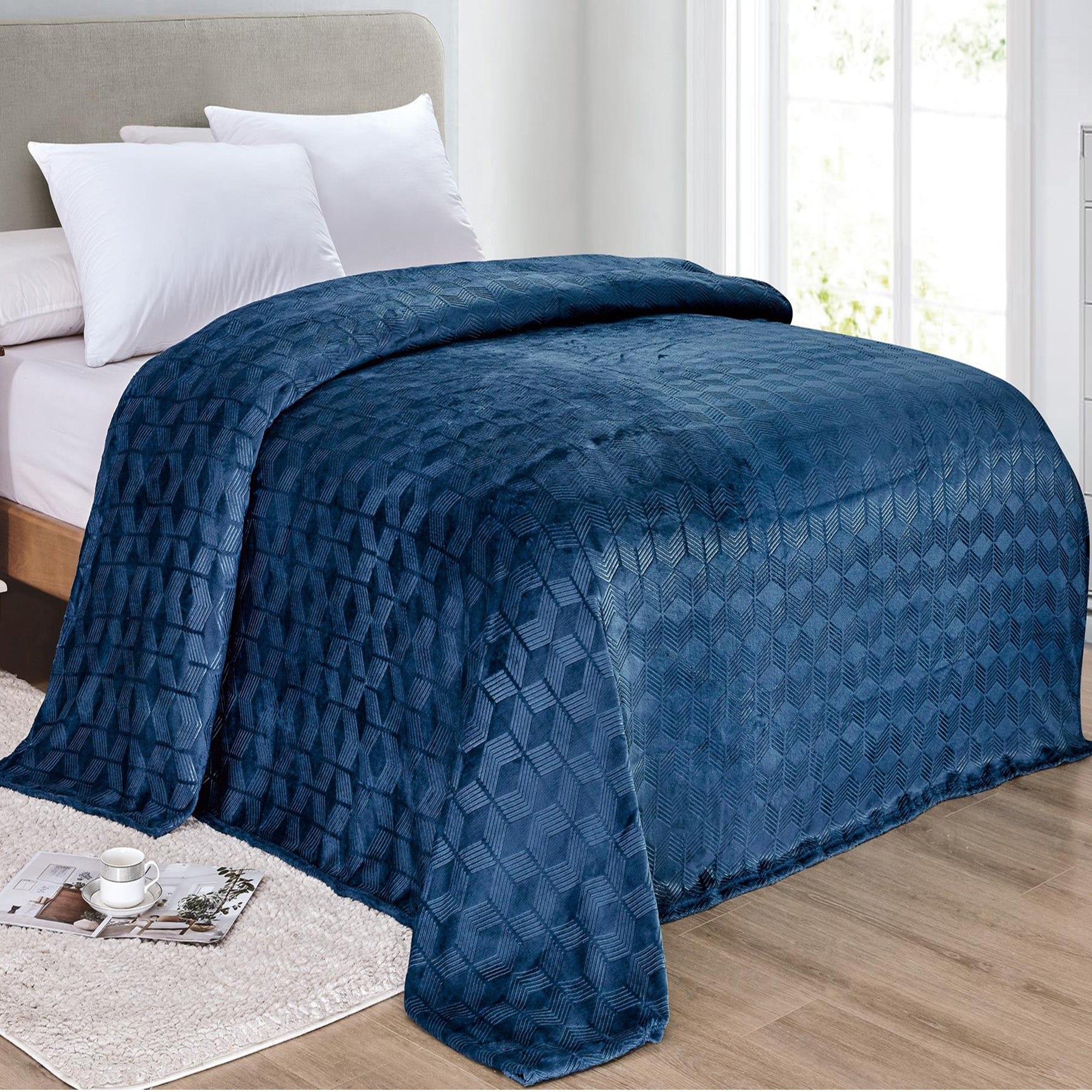 Amrani Bedcover Embossed Blanket Soft Premium Microplush Navy by Plazatex