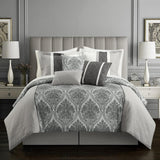 Chic Home Phantogram 7 Piece Comforter Set Reversible Two-Tone Damask Pattern Geometric Quilting Bedding - Bed Skirt Decorative Pillows Shams Included - Grey