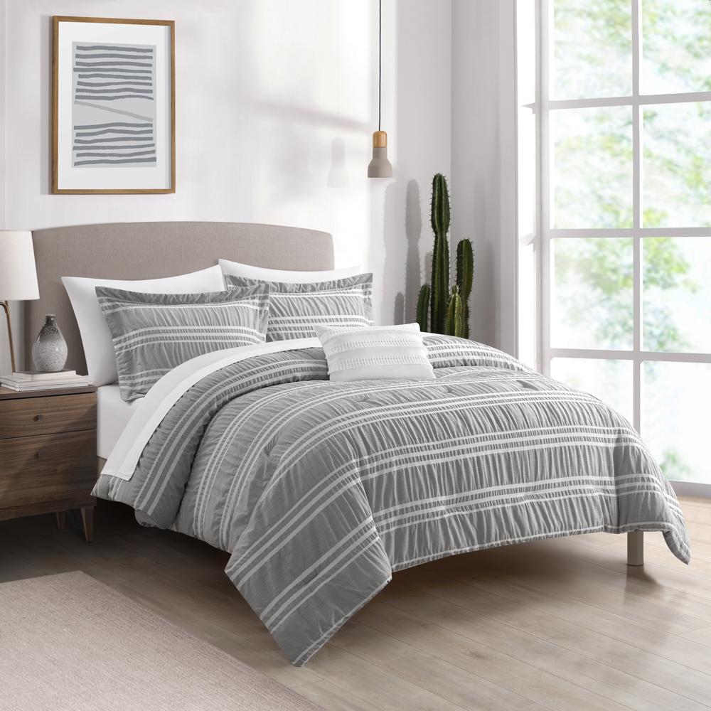 Chic Home Emma Bedding Comforter, Seersucker Fabric with Striped Design, 4 Pieces Comforter Set Grey
