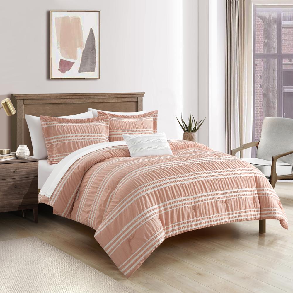 Chic Home Emma Bedding Comforter, Seersucker Fabric with Striped Design, 6 Pieces Comforter Set Blush Pink