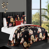 Chic Home Euphemia Reversible Quilt Set Floral Print Cursive Script Design Bed In A Bag - Sheet Set Decorative Pillow Shams Included - Black