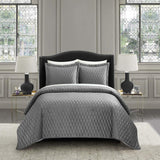 Chic Home Wafa Velvet Quilt Set Diamond Stitched Pattern Bed In A Bag Bedding - Sheets Pillowcases Pillow Shams Included - 7 Piece - Grey