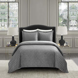 Chic Home Wafa Velvet Quilt Set Diamond Stitched Pattern Bed In A Bag Bedding - Sheets Pillowcases Pillow Shams Included - 7 Piece - Grey