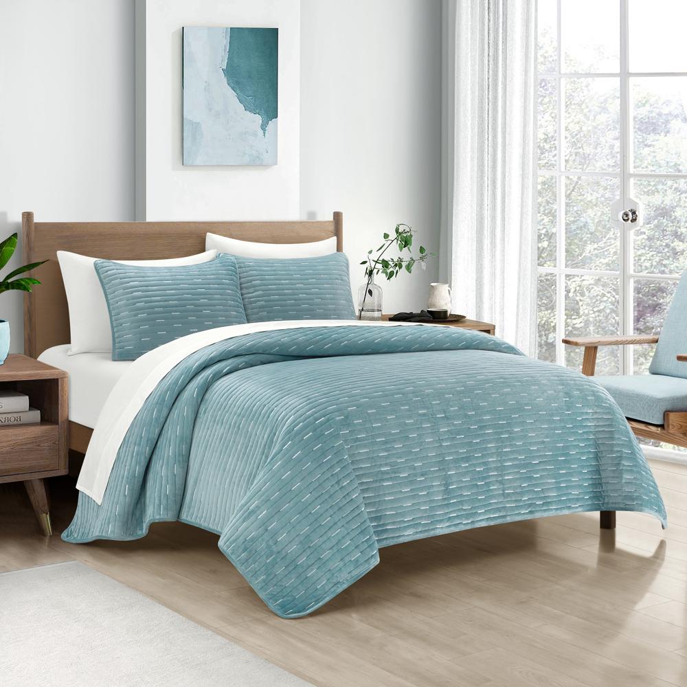 Chic Home Castiel 7 Pieces Quilt Set, Contemporary Stitched Embroidery, Bedding Quilts Blue