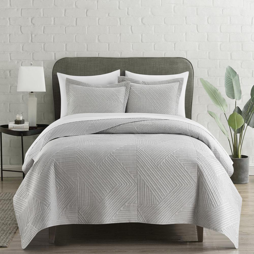 Chic Home Sianna 7 Piece Quilt Set, Contemporary Geometric Diagonal Stripe Design, Bedding Quilts Grey
