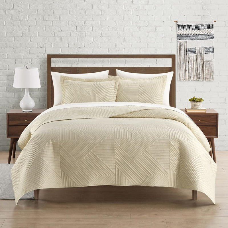 Chic Home Sianna 3 Pieces Quilt Set, Contemporary Geometric Diagonal Stripe Design, Bedding Quilts Beige
