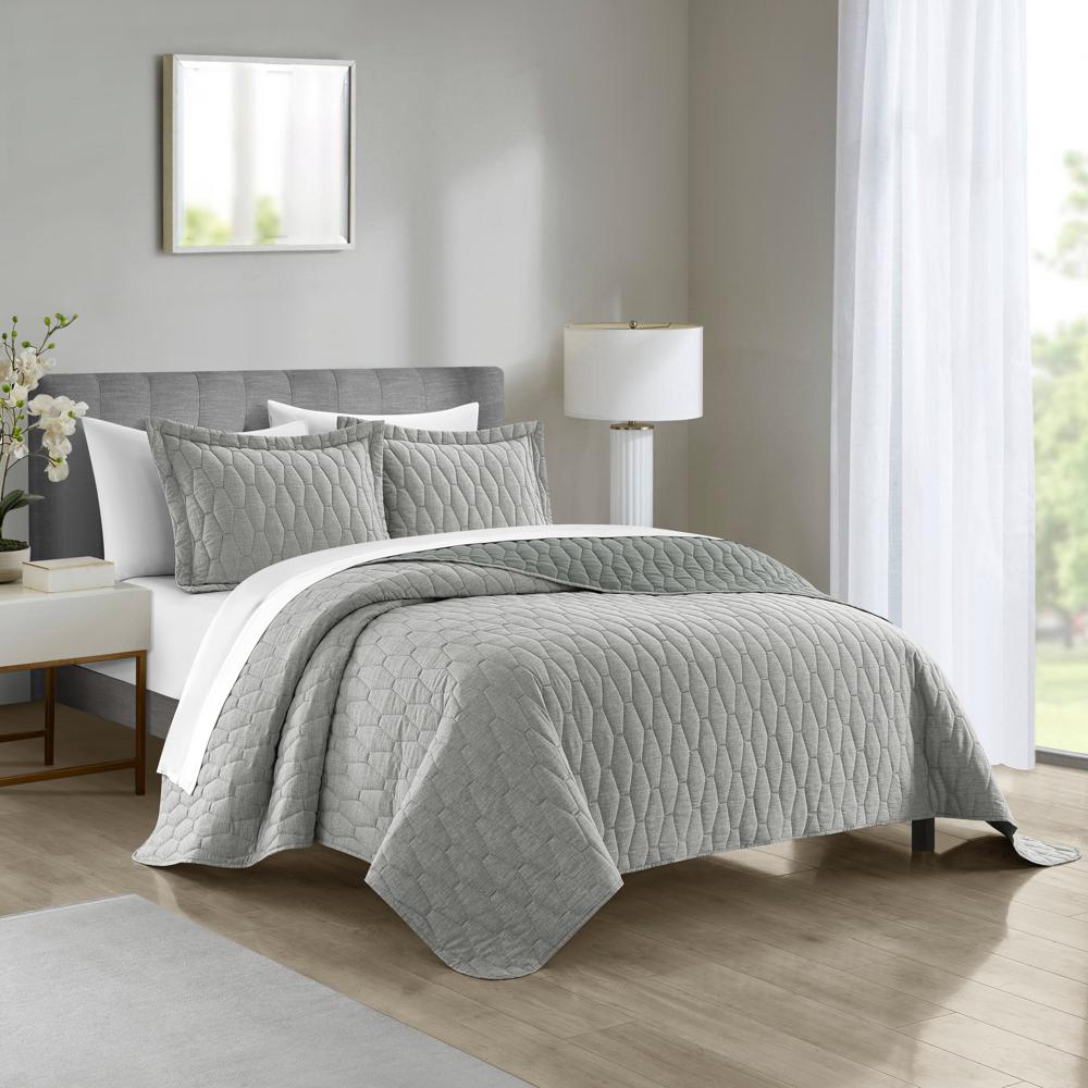 Chic Home Nyla 3 Pieces Quilt Set, Contemporary Geometric Hexagon Pattern, Bedding Quilts Grey