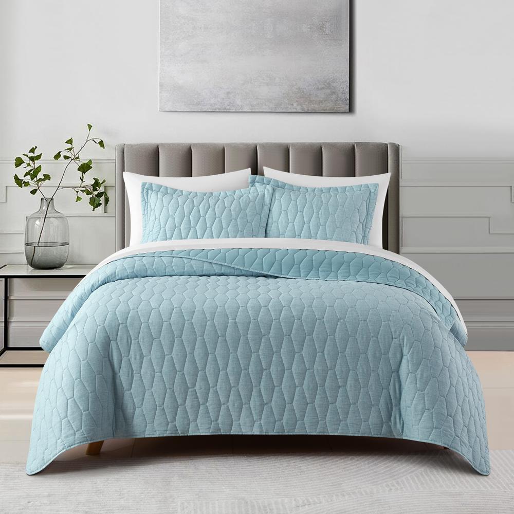 Chic Home Nyla 3 Pieces Quilt Set, Contemporary Geometric Hexagon Pattern, Bedding Quilts Blue