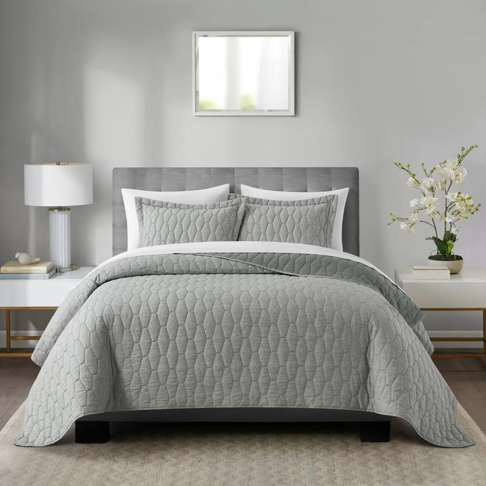 Chic Home Nyla 3 Pieces Quilt Set, Contemporary Geometric Hexagon Pattern, Bedding Quilts Grey