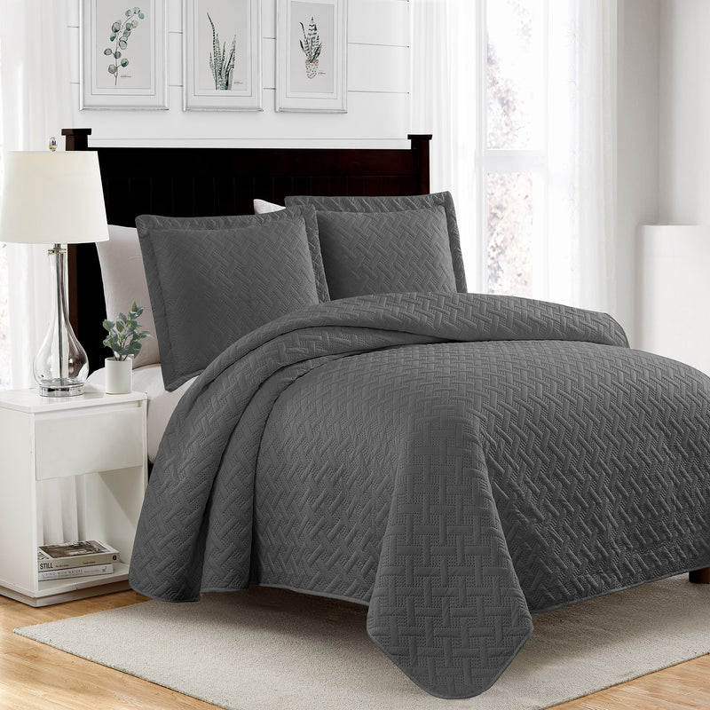 RT Designers Collection Bella 3pc Pinsonic Premium Quality All Year Round Quilt Set for Revitalize Bedroom with Charcoal