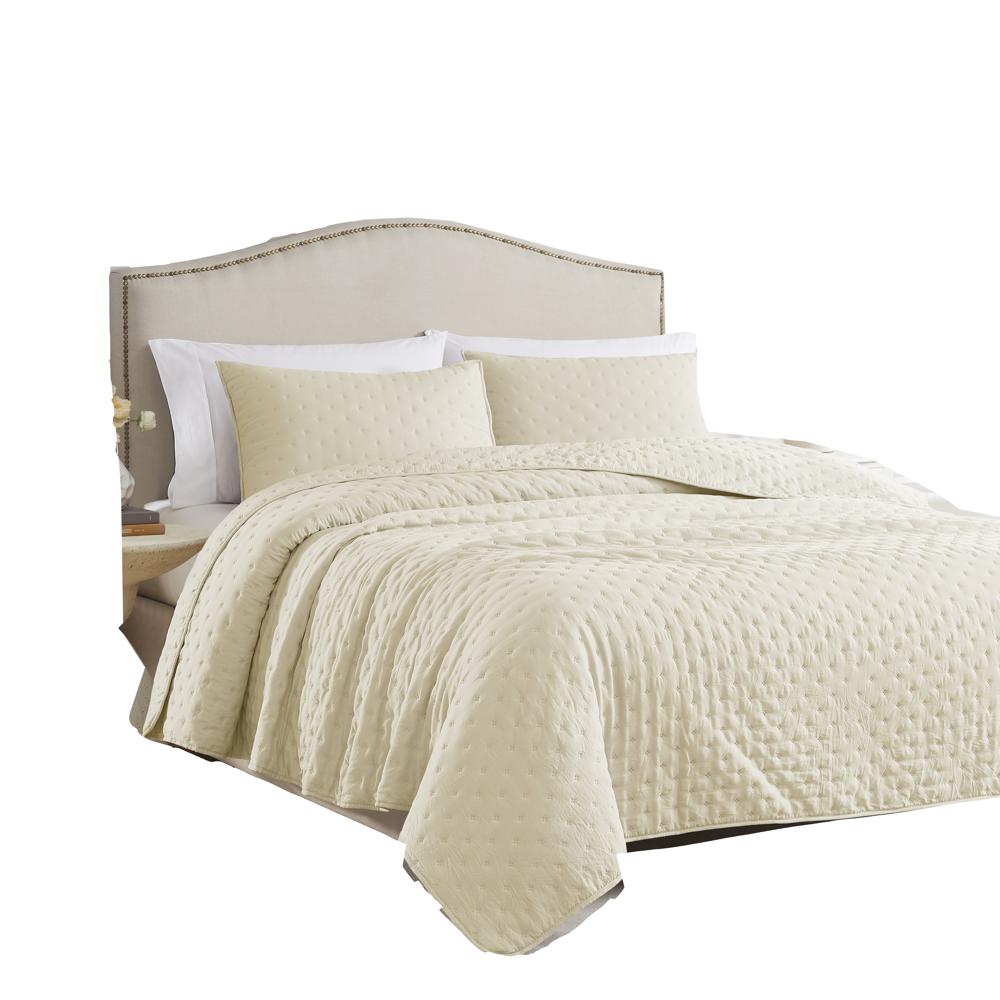 RT Designers Collection Cayla 3 Pieces Washed Pinsonic Lightweight Quilts Set For Bedding Ivory