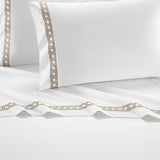 Aria 1500 Thread Count Cotton Sheet Set White With Taupe Stripe Embroidery by Chic Home