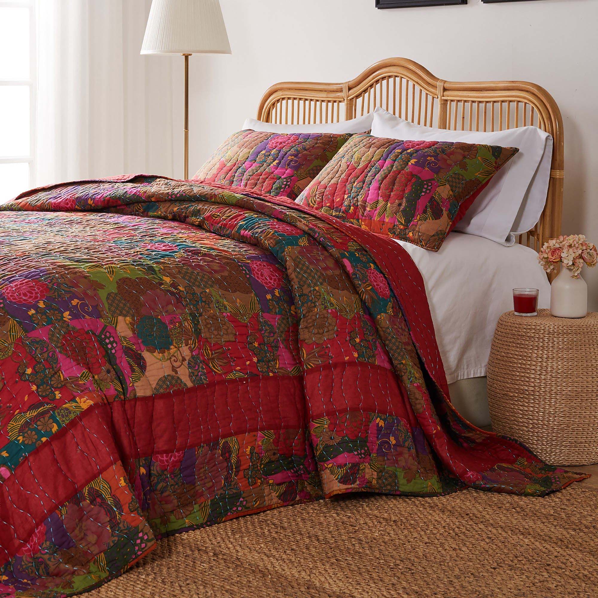 Greenland Home Fashions Jewel Cotton Kantha Quilted Bedspread Set - Jumbo Sized Reversible Quilt Set Floral Printed Red
