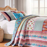Greenland Home Fashions Thalia Cotton Boho-Style Bedspread Set - Jumbo Sized Reversible Quilt Set Two Look in One Blue