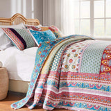 Greenland Home Fashions Thalia Cotton Boho-Style Bedspread Set - Jumbo Sized Reversible Quilt Set Two Look in One Blue