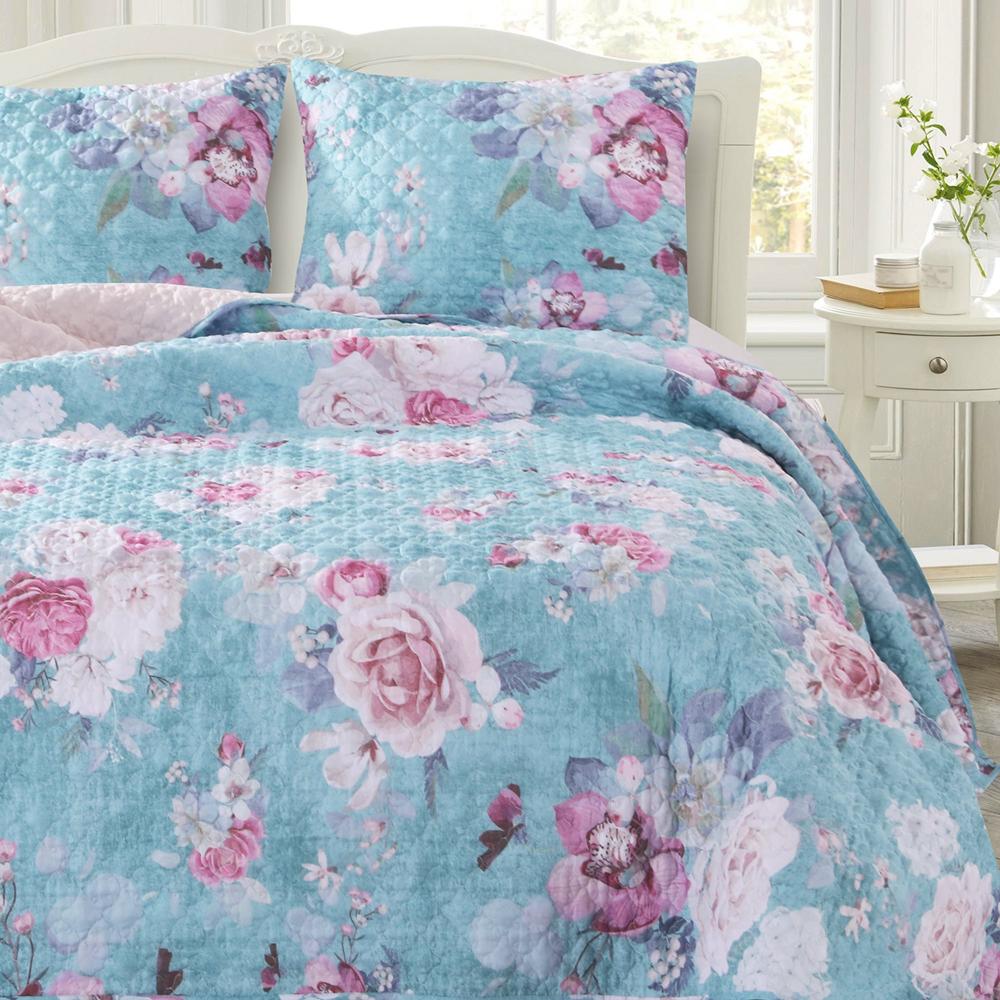 Greenland Home Fashions Barefoot Bungalow Avril Floral Patterns Digitally Printed and Millennial Blush Reverse Pillow Sham - Turquoise Blue