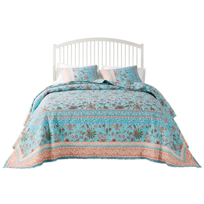 Barefoot Bungalow Audrey Luxury Modern Design Jacobean Fern and Floral Print all Over 3-Piece Bedspread Set Turquoise