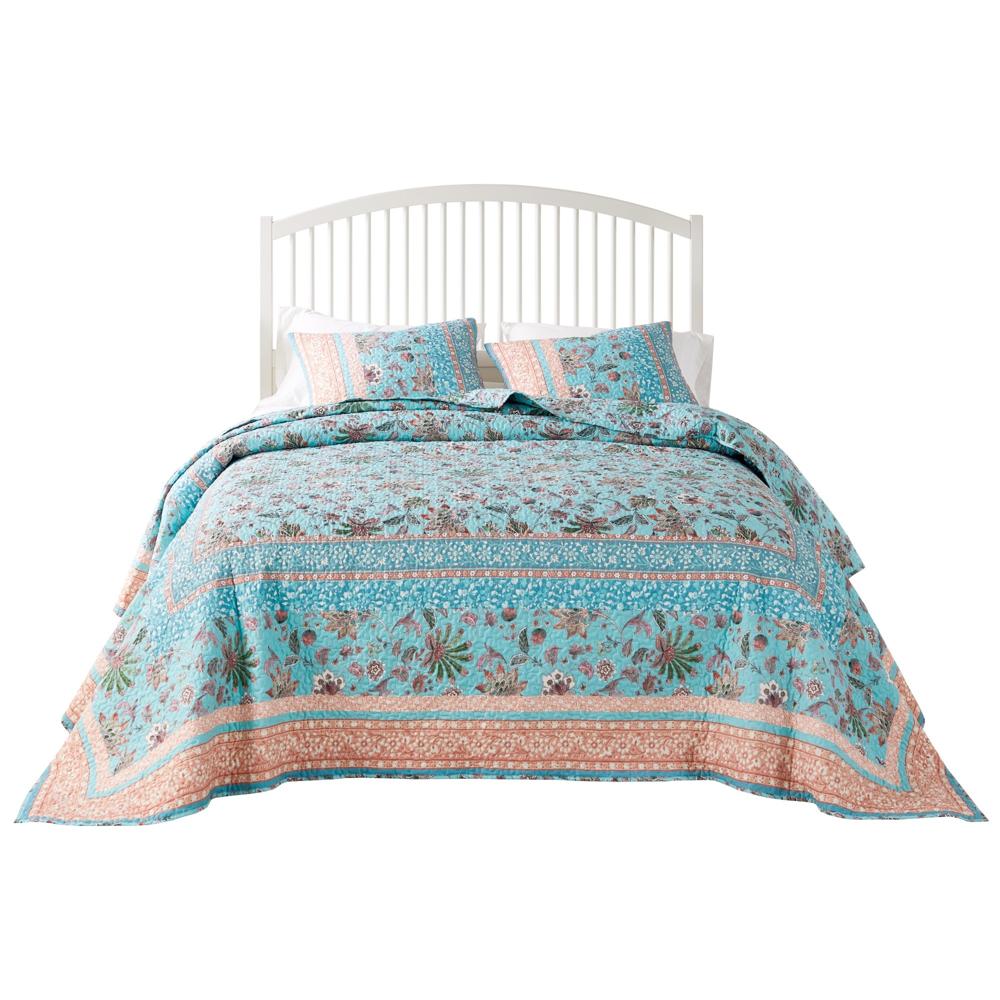 Barefoot Bungalow Audrey Luxury Modern Design Jacobean Fern and Floral Print all Over 3-Piece Bedspread Set Turquoise