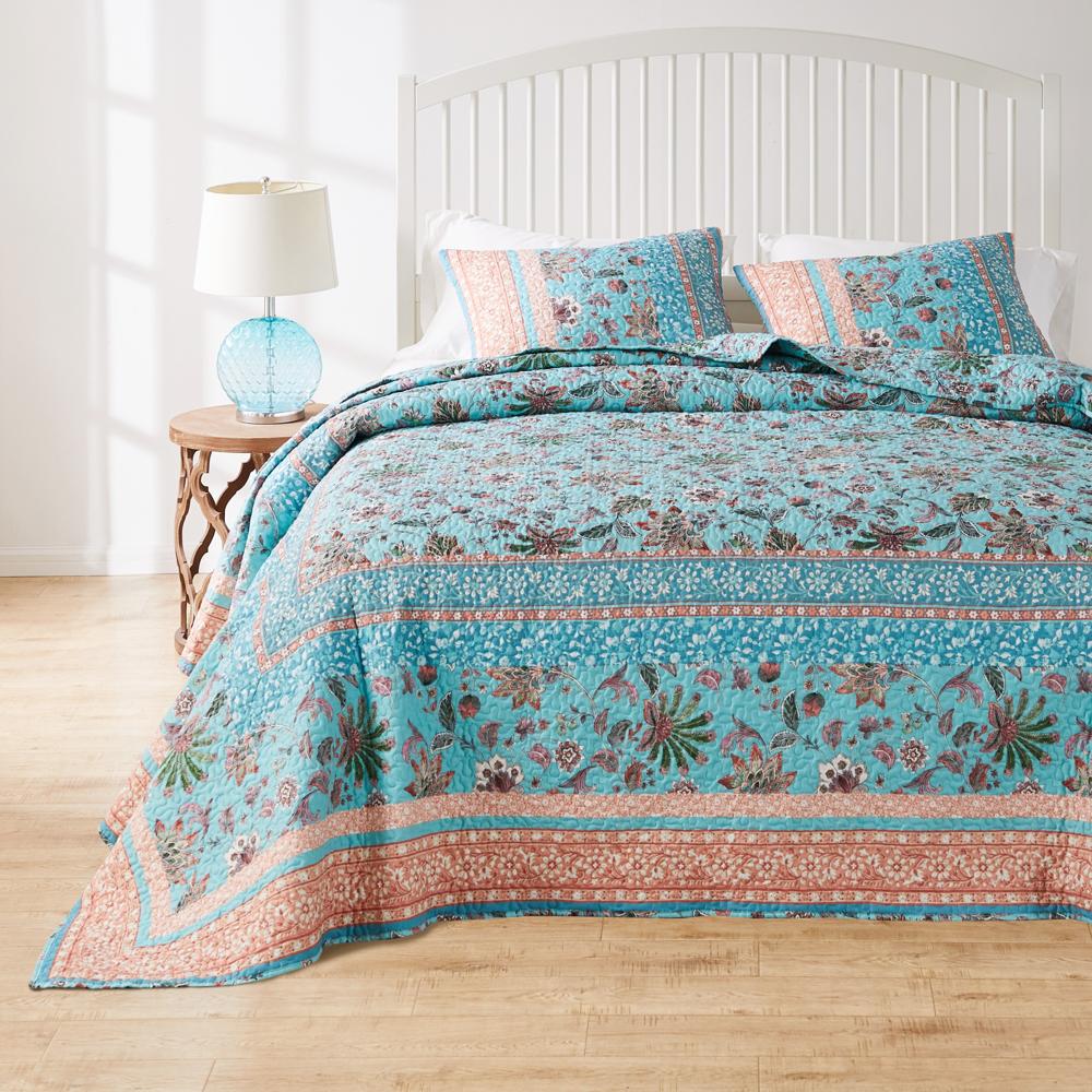 Barefoot Bungalow Audrey Luxury Modern Design Jacobean Fern and Floral Print all Over 3-Piece Bedspread Set Turquoise