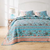 Barefoot Bungalow Audrey Luxury Modern Design Jacobean Fern and Floral Print all Over 3-Piece Bedspread Set Turquoise