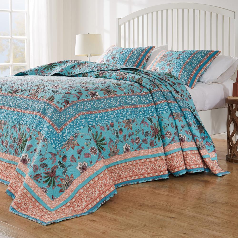 Barefoot Bungalow Audrey Luxury Modern Design Jacobean Fern and Floral Print all Over 3-Piece Bedspread Set Turquoise