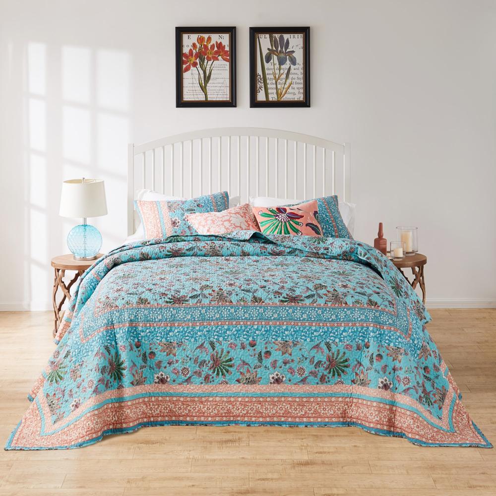 Barefoot Bungalow Audrey Luxury Modern Design Jacobean Fern and Floral Print all Over 3-Piece Bedspread Set Turquoise
