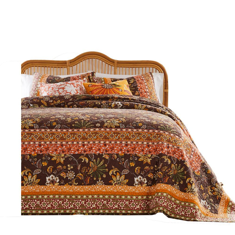 Barefoot Bungalow Audrey Chic Boho Jacobean Fern Floral Prints Bedspread Set 3-Piece Two Pillow Shams Chocolate