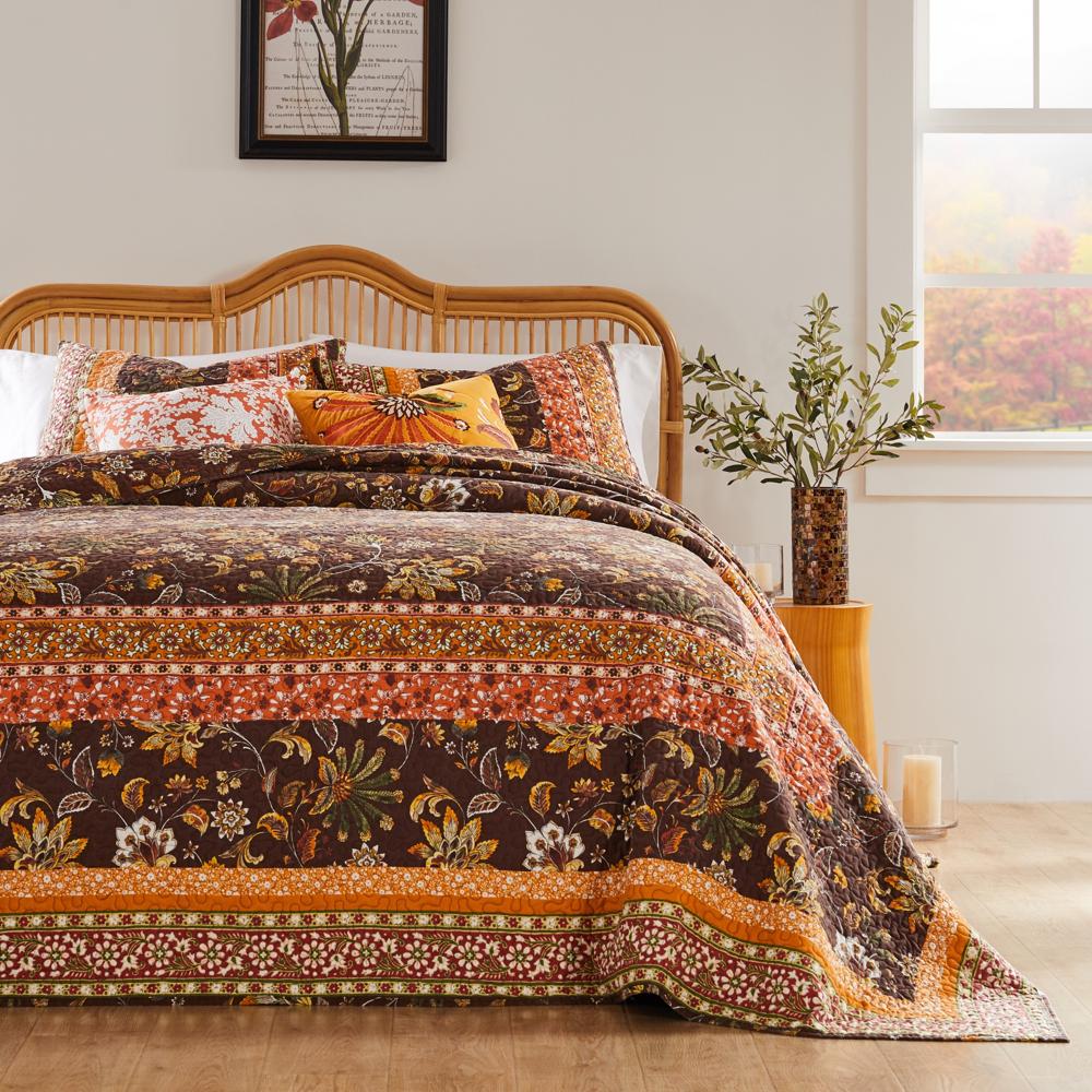 Barefoot Bungalow Audrey Chic Boho Jacobean Fern Floral Prints Bedspread Set 3-Piece Two Pillow Shams Chocolate