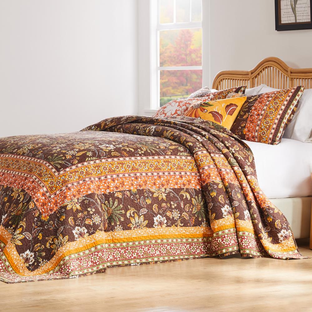 Barefoot Bungalow Audrey Chic Boho Jacobean Fern Floral Prints Bedspread Set 3-Piece Two Pillow Shams Chocolate