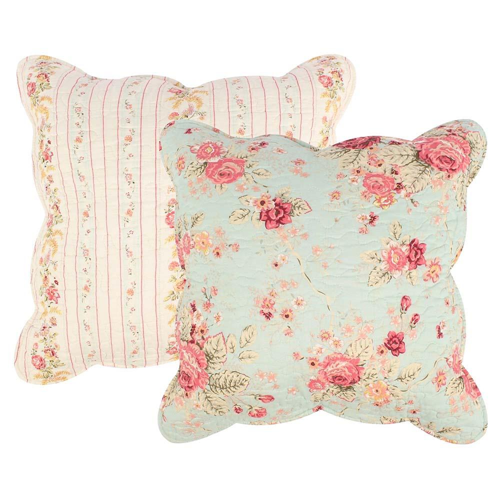 Greenland Home Antique Rose Floral Print Decorative High-Quality 2-Piece Pillow Set with Removable Covers - Each 18"x18" Blue