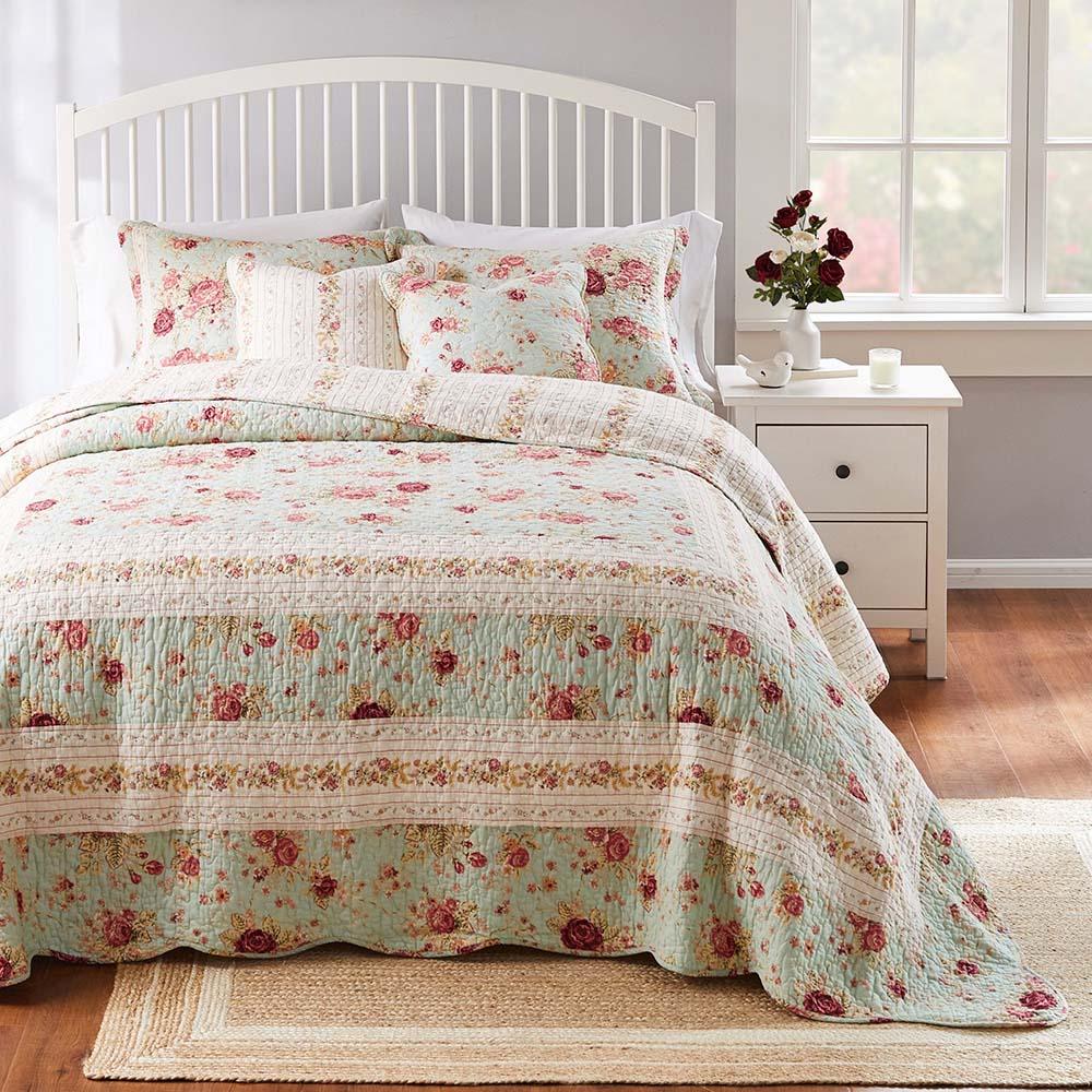 Greenland Home Antique Rose Bright Florals and Whimsical Songbirds Bedspread Set Blue