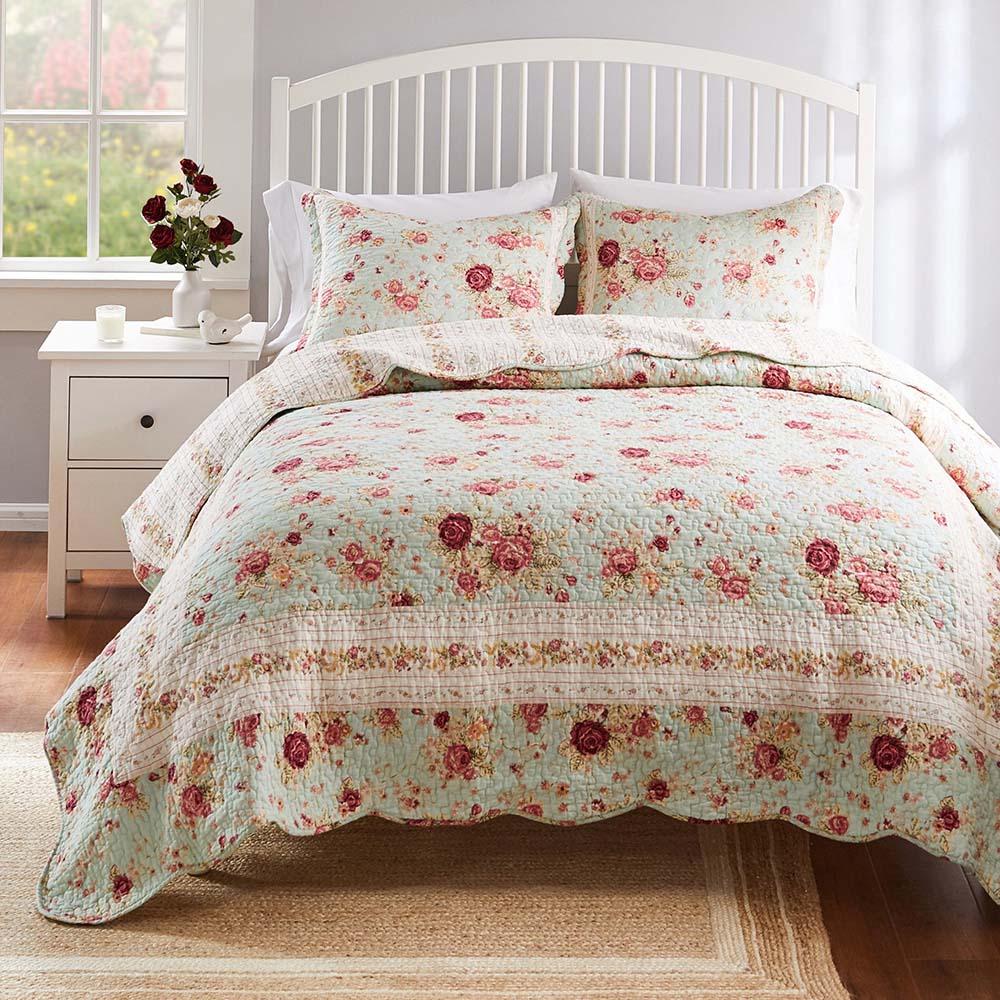 Greenland Home Antique Rose Authentic Patchwork Construction Quilt Set Blue