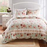 Greenland Home Antique Rose Floral Pinstripe with Dainty Scrolling Embellishments Quilt Set 3-Piece Full/Queen Blue