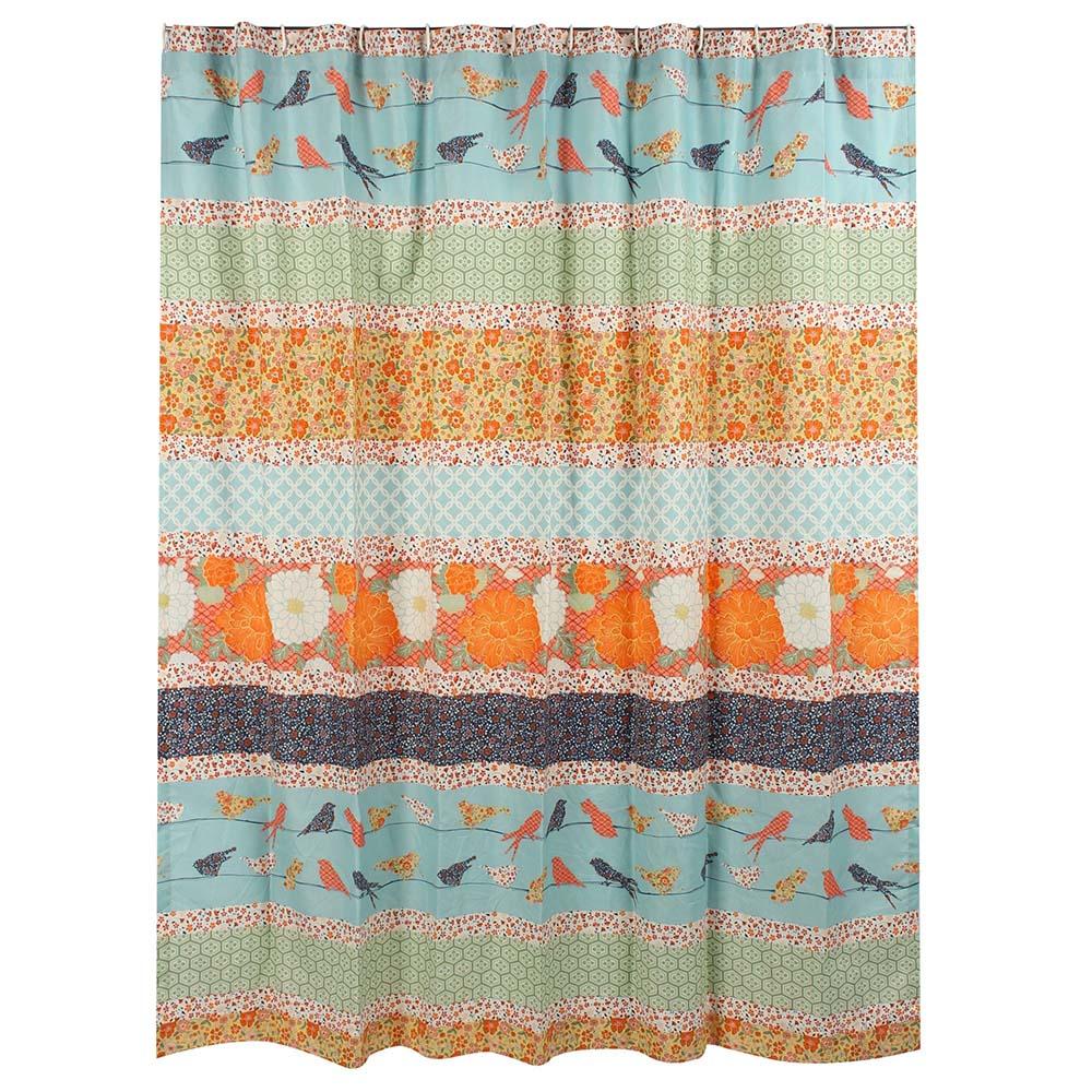 Barefoot Bungalow Carlie Florals and Whimsical Songbirds Shower Curtain 72"x72" Calico Stripe