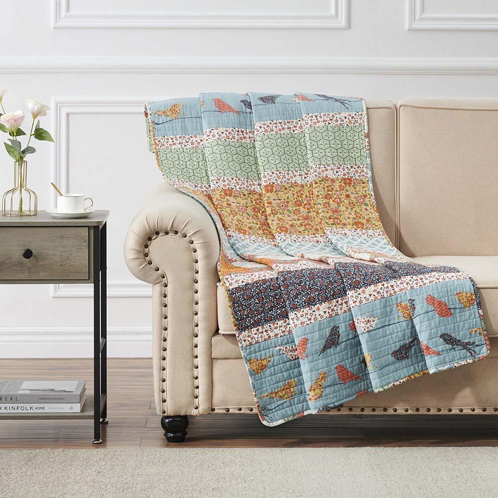 Barefoot Bungalow Carlie Eclectic Blend of Dreamy Patterns Florals and Whimsical Songbirds Throw 50"x60" Calico Stripe