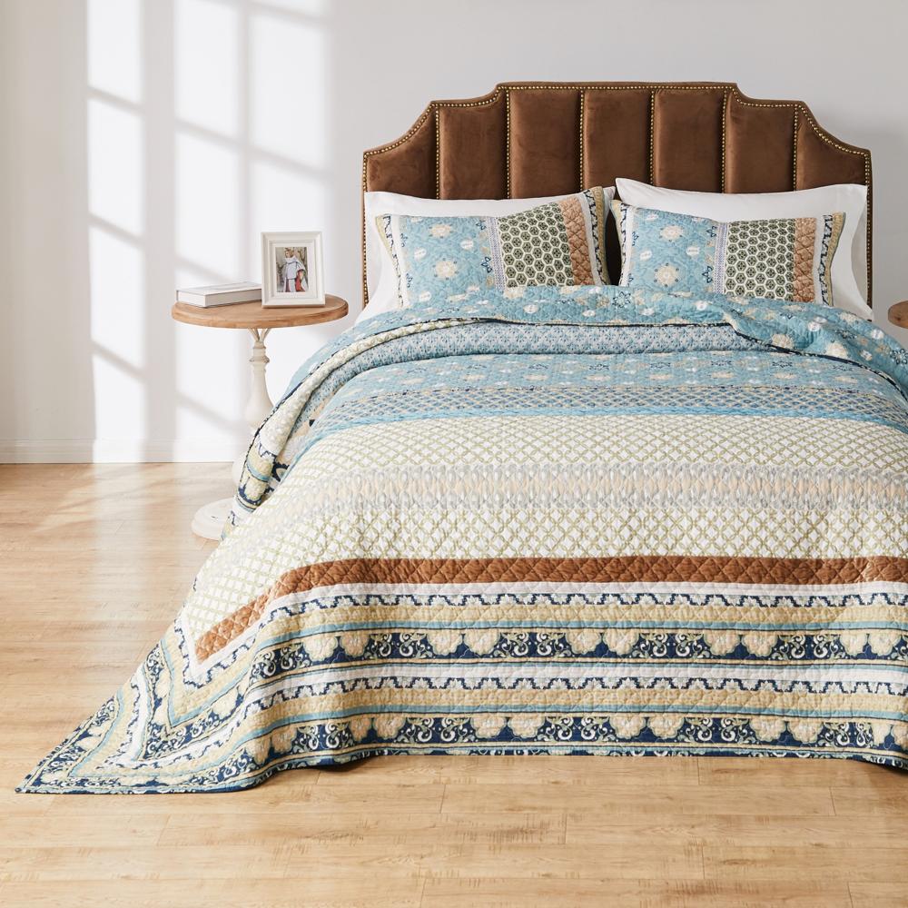 Greenland Home Fashions Thalia Stylized Florals and Geometric Prints Bohemian Ultimate Comfort Bedspread Set Blue