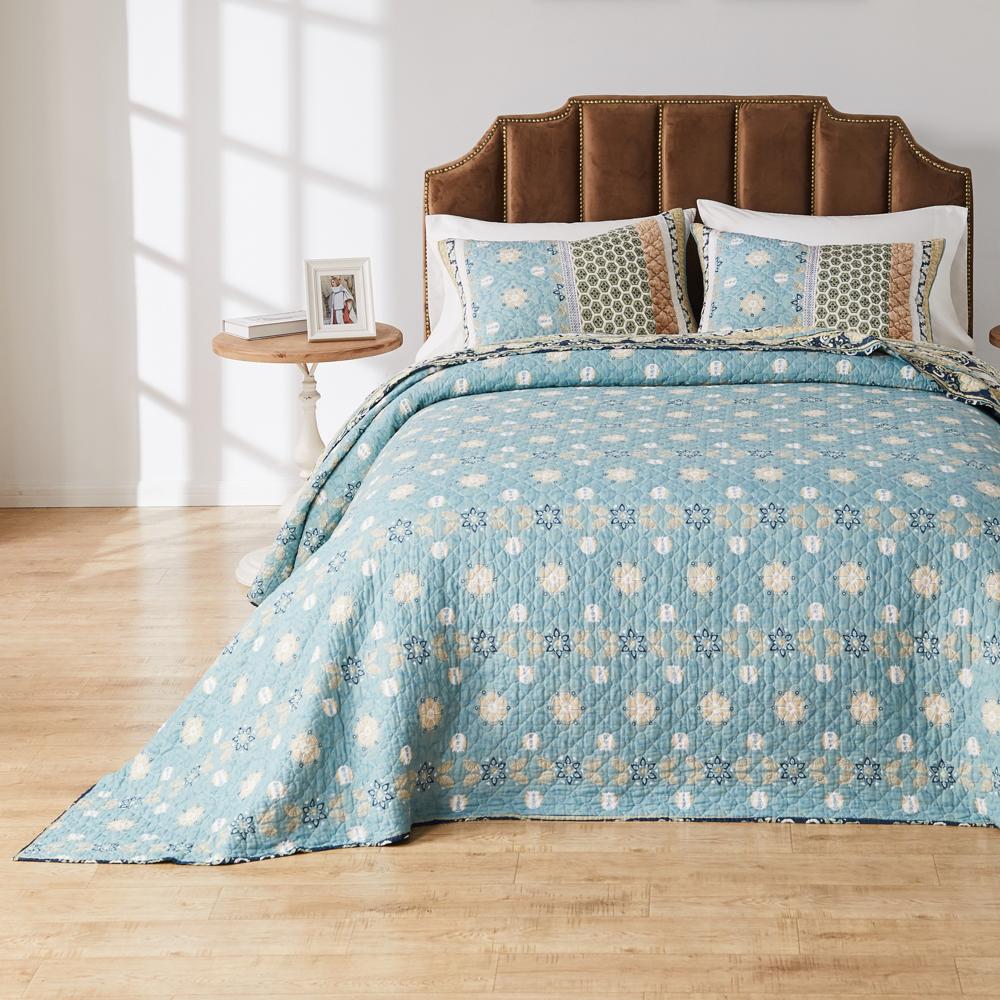 Greenland Home Fashions Thalia Stylized Florals and Geometric Prints Bohemian Ultimate Comfort Bedspread Set Blue