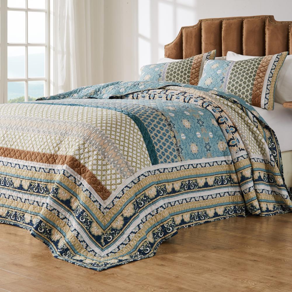 Greenland Home Fashions Thalia Stylized Florals and Geometric Prints Bohemian Ultimate Comfort Bedspread Set Blue