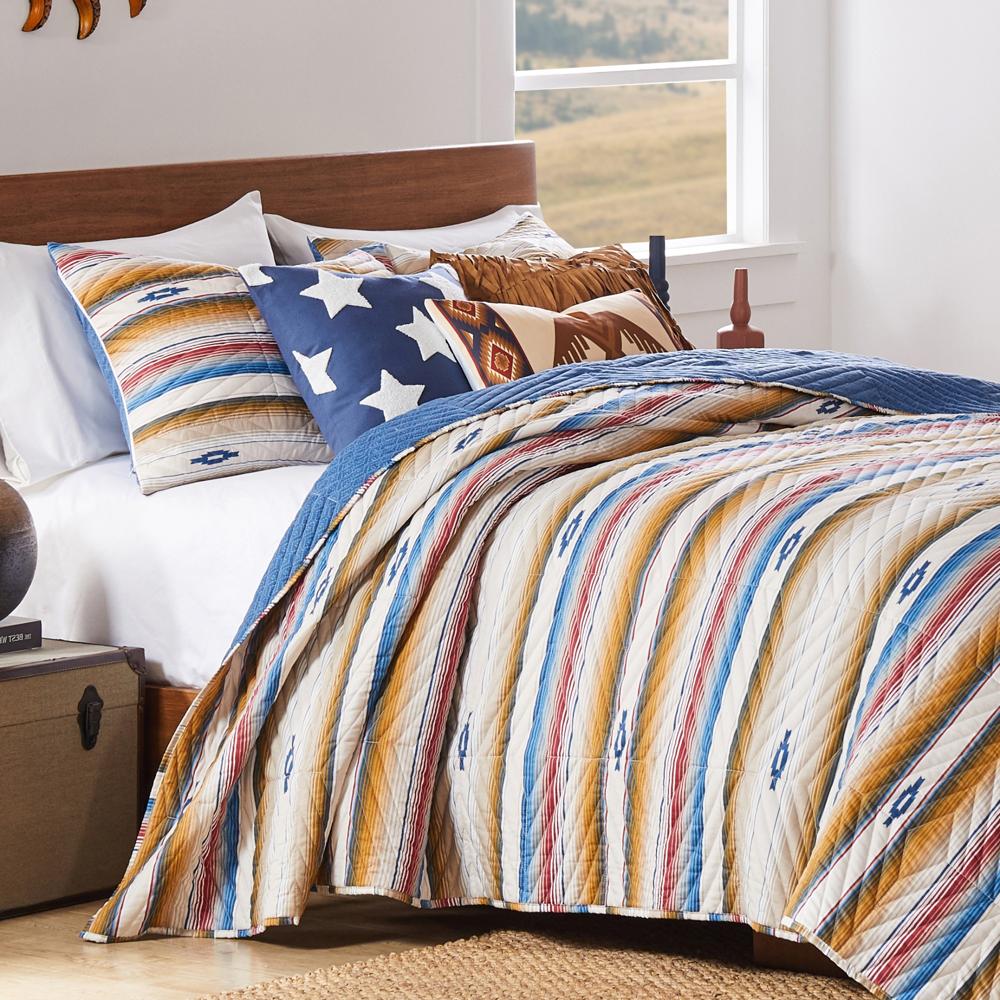 Barefoot Bungalow Painted Desert Embellished with Thunderbird Motifs and Geometric Chevron Quilt Set Sapphire