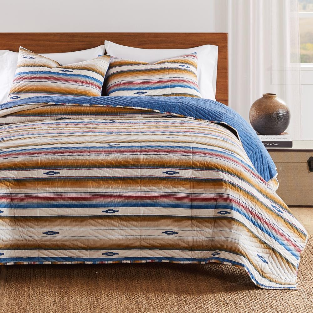 Barefoot Bungalow Painted Desert Embellished with Thunderbird Motifs and Geometric Chevron Quilt Set Sapphire