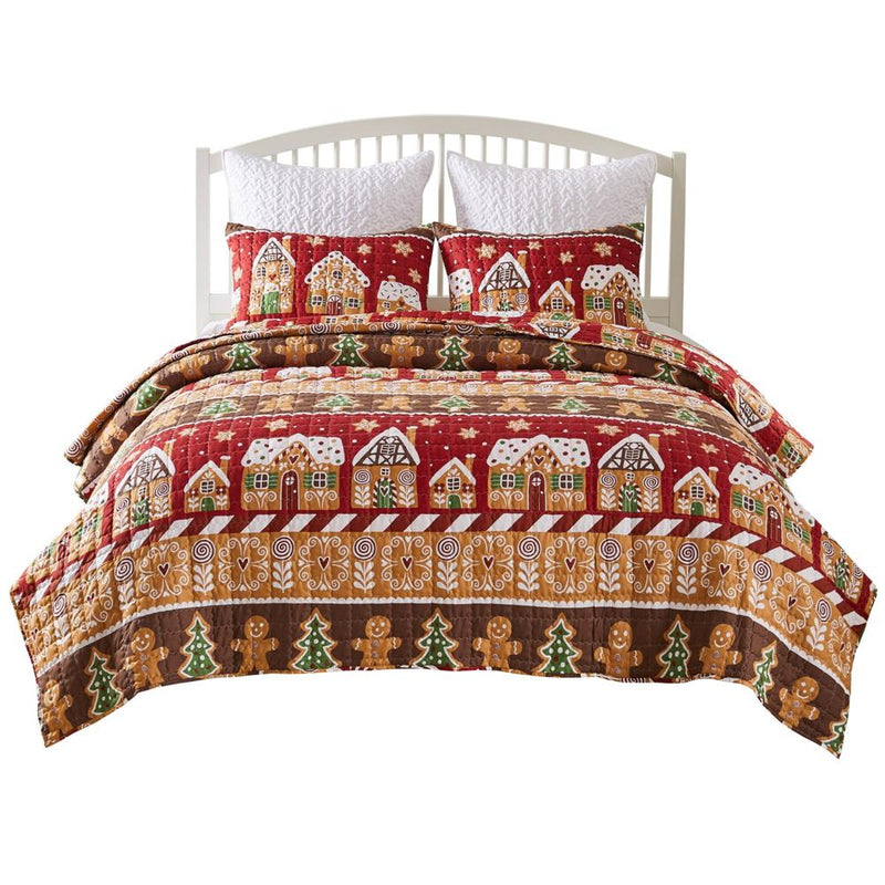 Greenland Home Fashions Gingerbread Lane Luxurious Modern Design Quilt Set Red