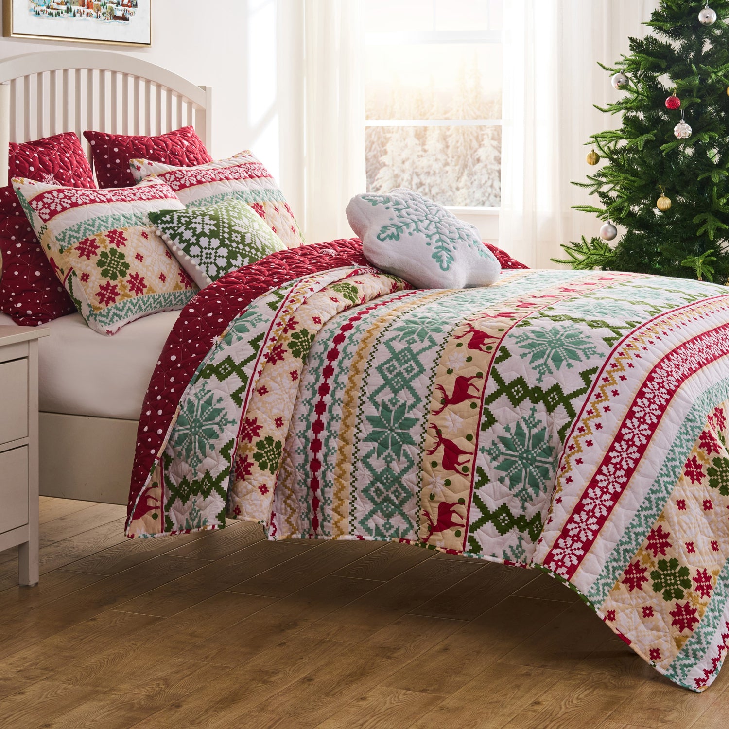 Greenland Home Fashion Fair 100% Cotton & Microfiber Back, Polyester Fill Isle Quilt Set Snow