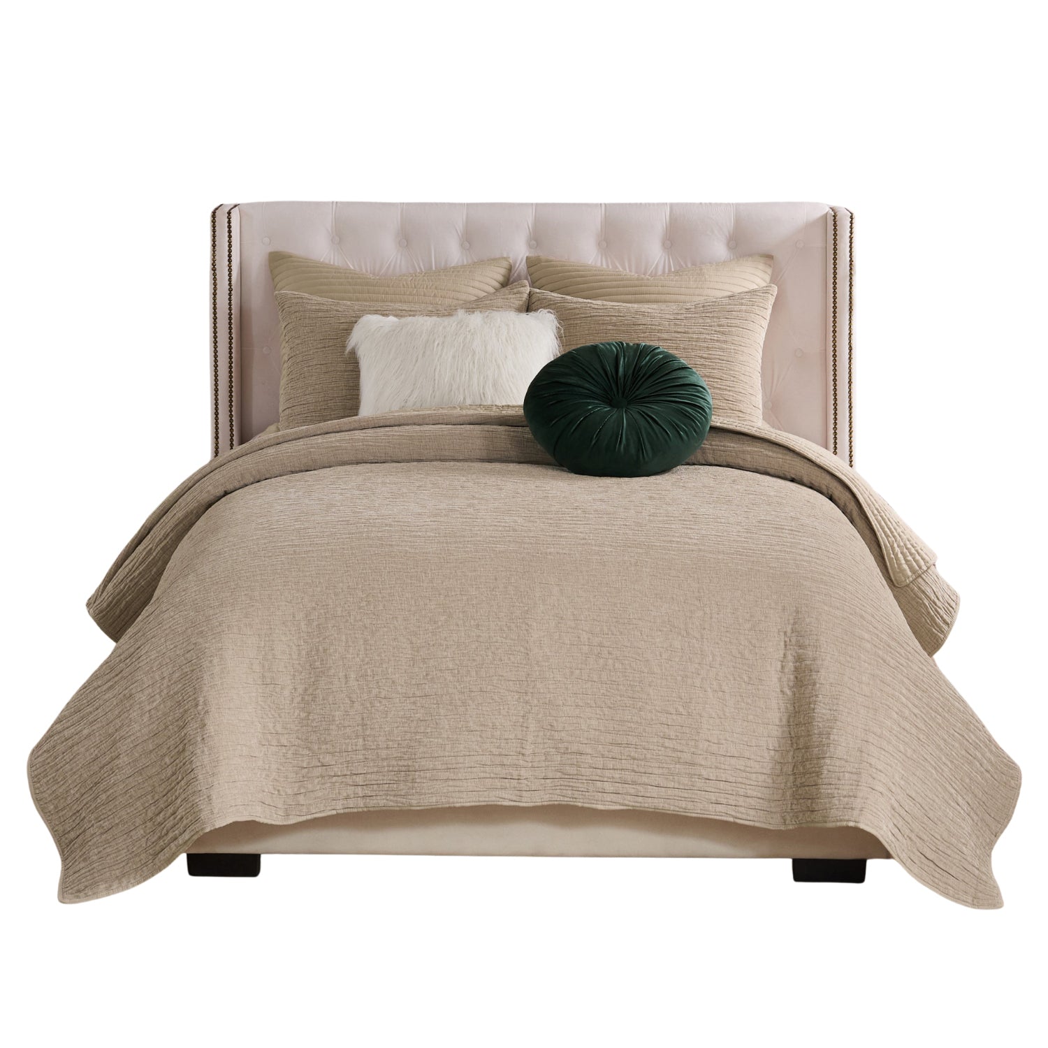 Greenland Home Fashion Velvet Crush Chenille Microfiber Back Poly Fill Quilt Set Khaki