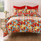 Greenland Home Fashion Poppies Microfiber Face Cotton Back Quilt Set Red