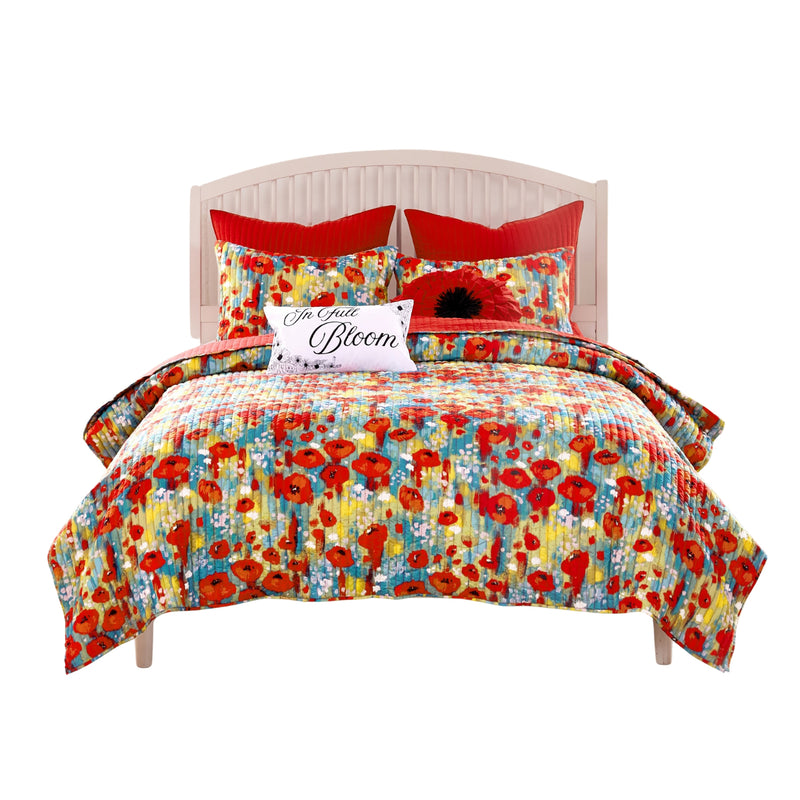 Greenland Home Fashion Poppies Microfiber Face Cotton Back Quilt Set Red